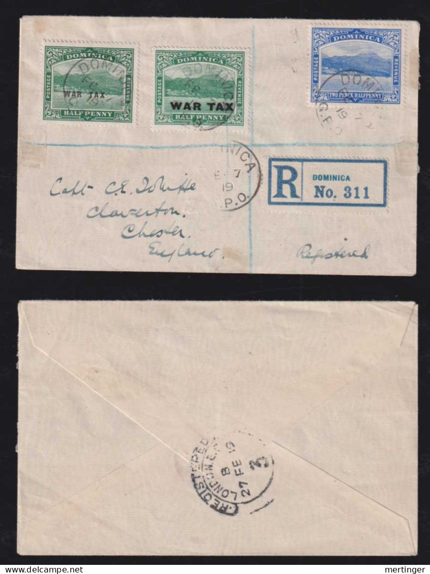 Dominica 1919 Registered Cover To CHESTER England War Tax Stamps - Dominica (...-1978)