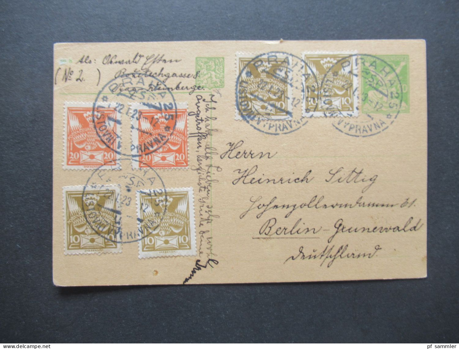 Tschechien CSR 1923 Ganzsache Mit 6x Zusatzfrankatur Stempel Praha 2 CSP Listovni Vypravna - Berlin Grunewald - Cartes Postales