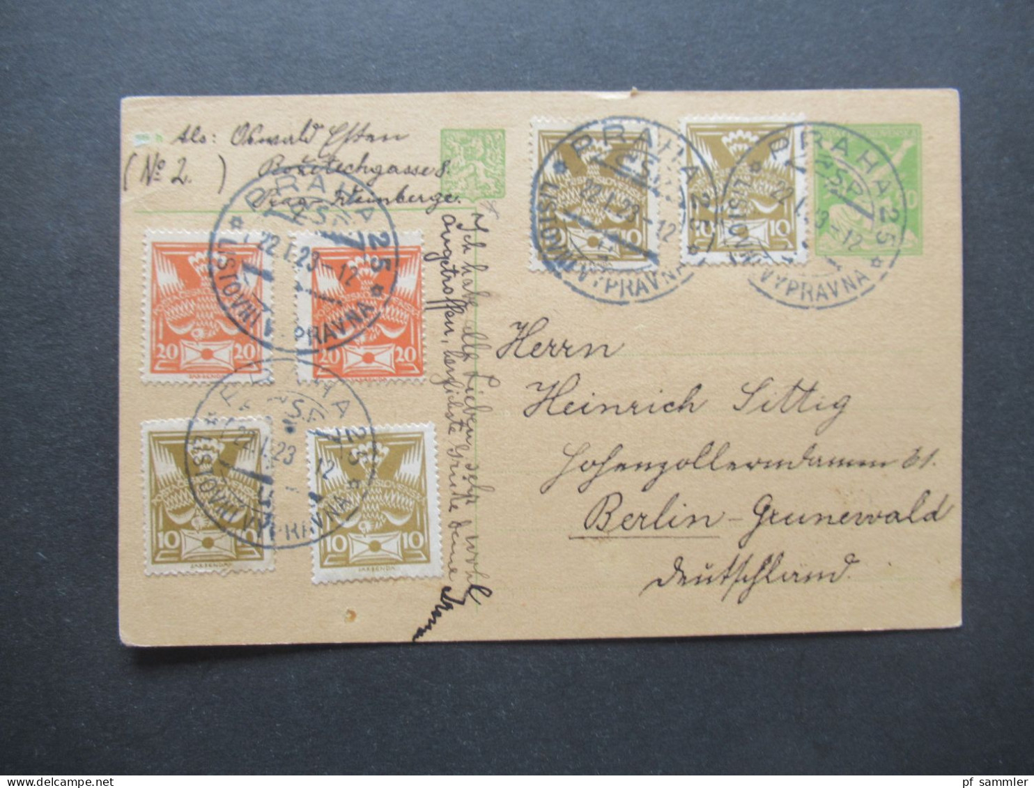 Tschechien CSR 1923 Ganzsache Mit 6x Zusatzfrankatur Stempel Praha 2 CSP Listovni Vypravna - Berlin Grunewald - Postales