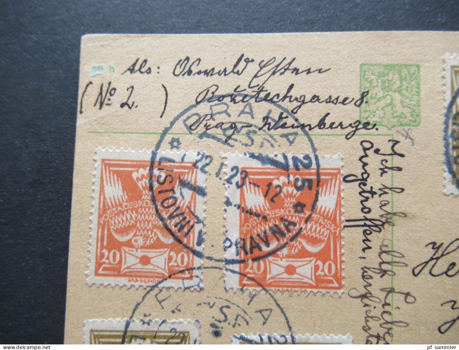 Tschechien CSR 1923 Ganzsache Mit 6x Zusatzfrankatur Stempel Praha 2 CSP Listovni Vypravna - Berlin Grunewald - Cartoline Postali