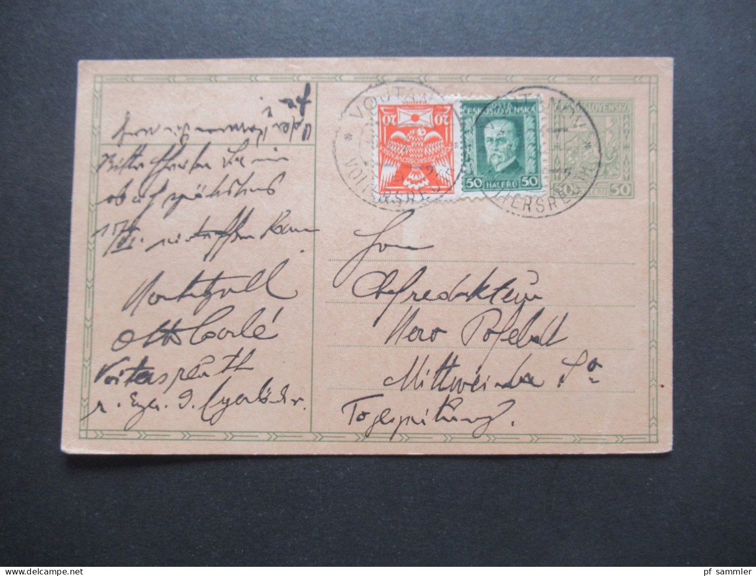 Tschechien CSR 1923 Ganzsache Mit 2x Zusatzfrankatur Stempel Vojtanov Voitersreuth  - Mitweida / Sudetenland - Cartes Postales