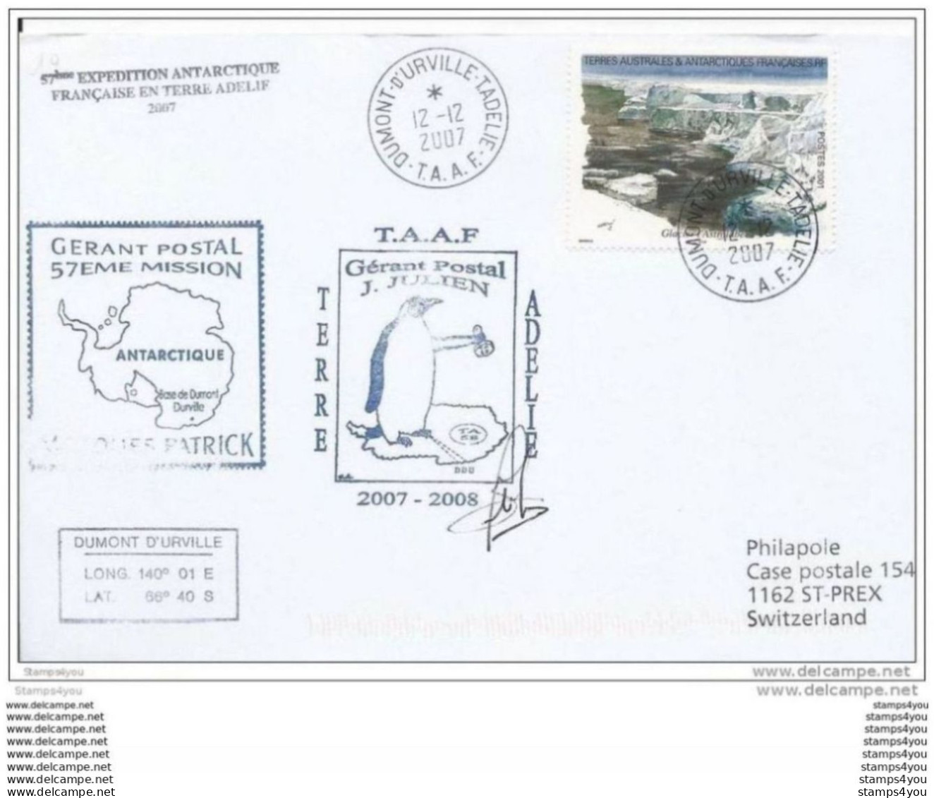 31-77 - Enveloppe Terre Adélie Cachets Gérant Postal 57ème Mission 2007 - Onderzoeksstations