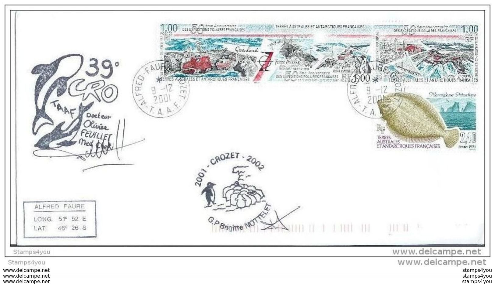 G 228 - Pli De Crozet - Deux Cachets Dont Un Illustré Orque - 9.12.2001. - Bases Antarctiques