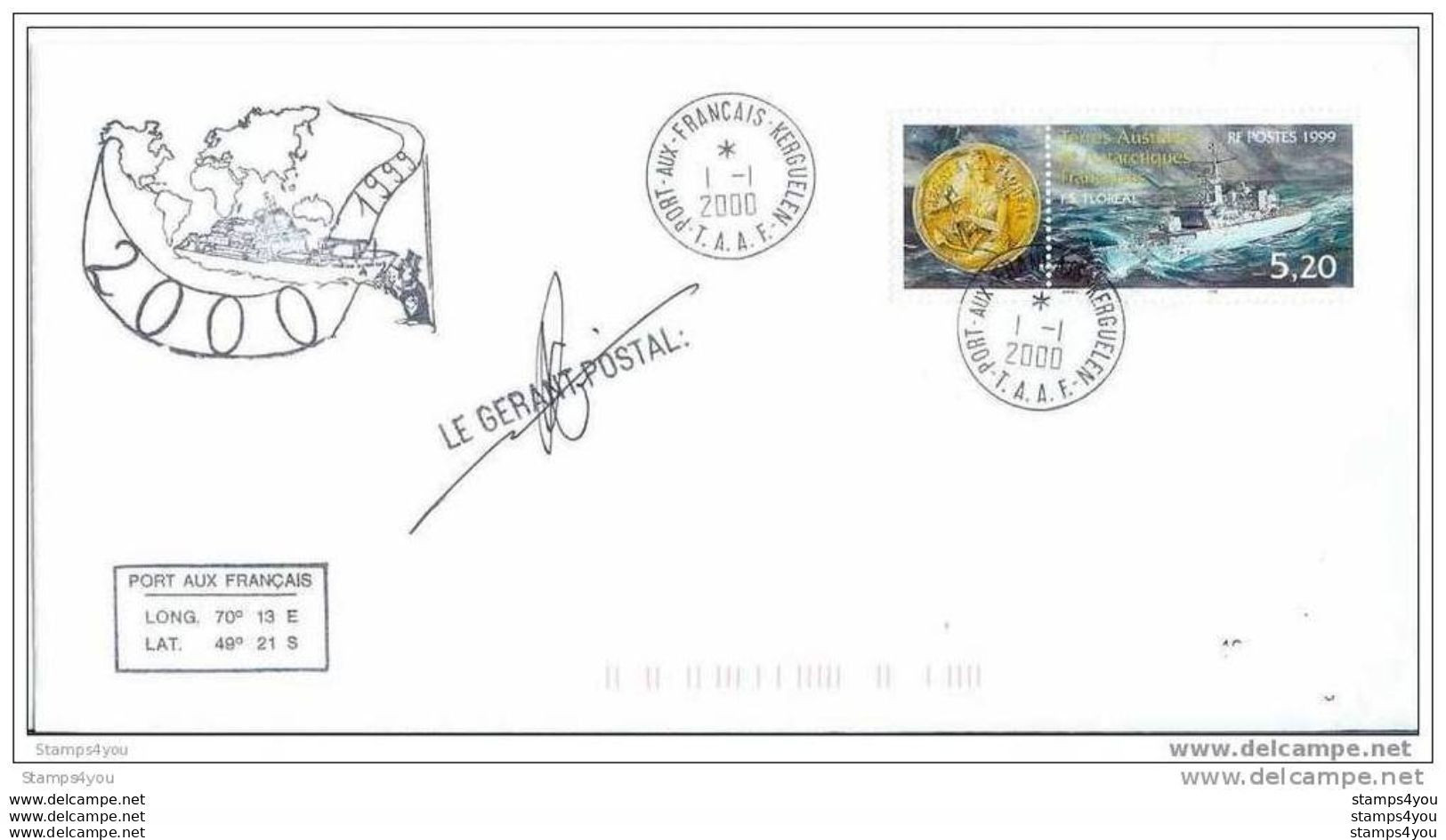 G - 527 - Pli De Kerguelen 1.1.2000. Cachet Illustré + Signature Gérant Postal - Forschungsstationen