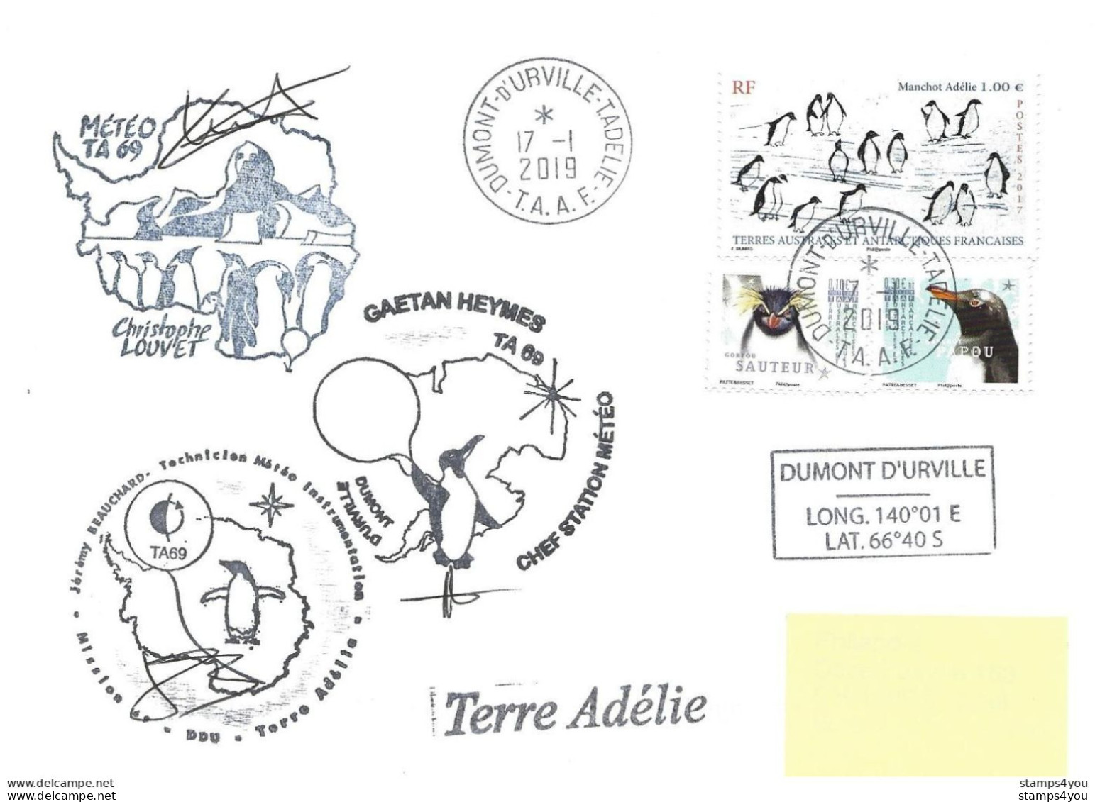 31 - 33 - Enveloppe TAAF  Terre Adélie 2019 Divers Cachets Illustrés Météo TA69 - Estaciones Científicas