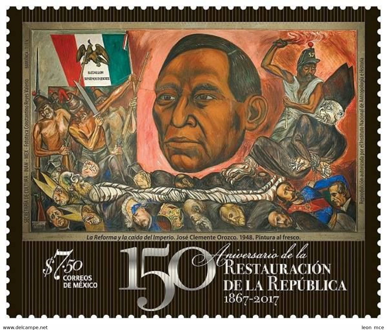 2017 MÉXICO 150 Aniversario De La Restauración De La República, MNH BENITO JUAREZ, RESTORATION OF THE REPUBLIC, MURAL - Messico
