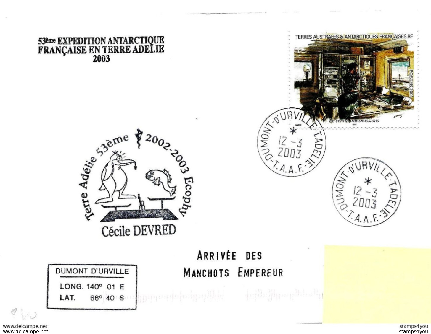 229 - 16 - Enveloppe TAAF Terre Adélie "arrivée Manchots 2003" - Timbre Tiré Carnet De Voyage - Basi Scientifiche
