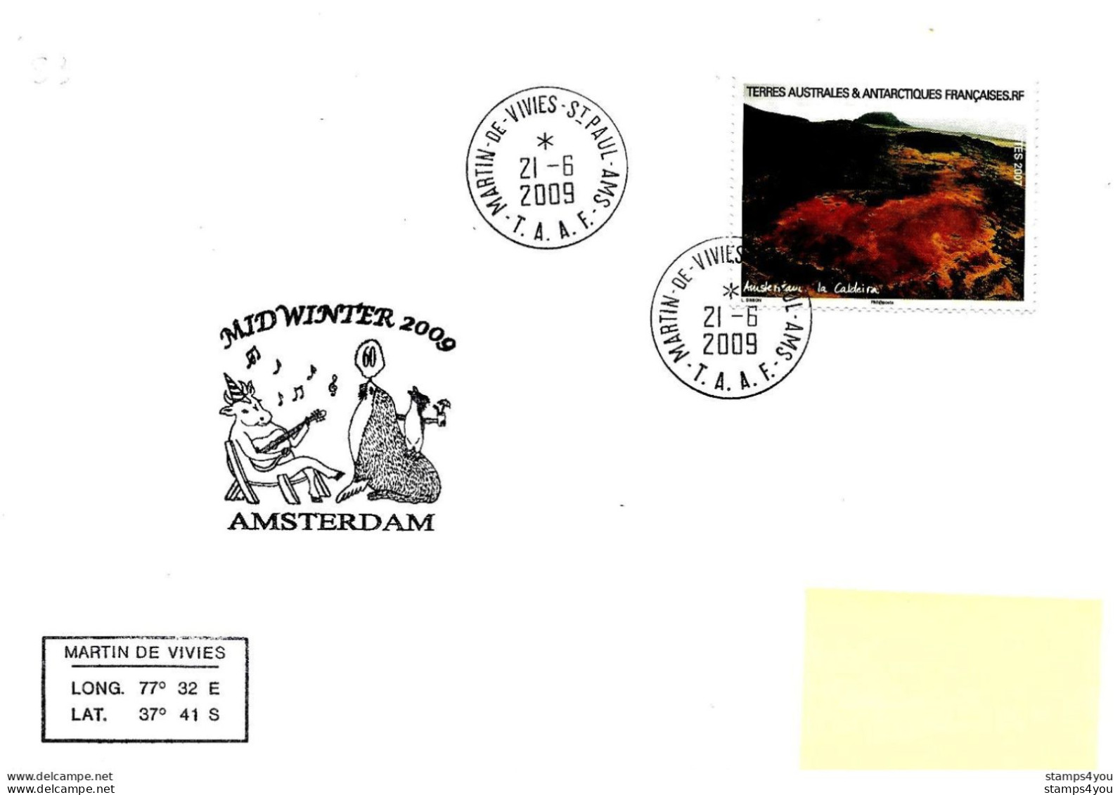 229 - 64 - Enveloppe TAAF St Paul Amsterdam - Cachet Midwinter 2009 - Timbre Carnet De Voyage - Bases Antarctiques