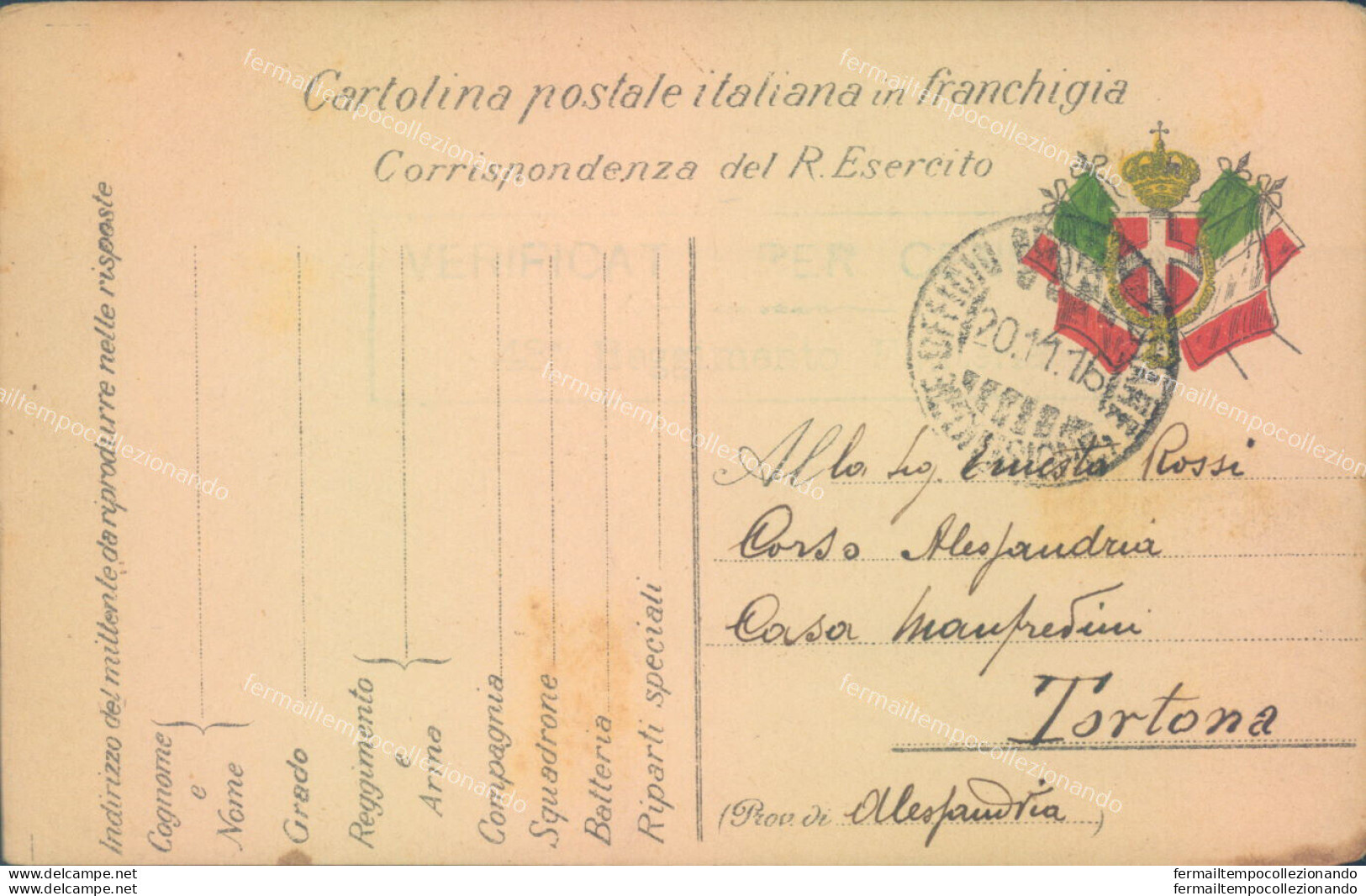 V404 Cartolina Postale In Franchigia Per Tortona Alessandria 1916 - Franchise