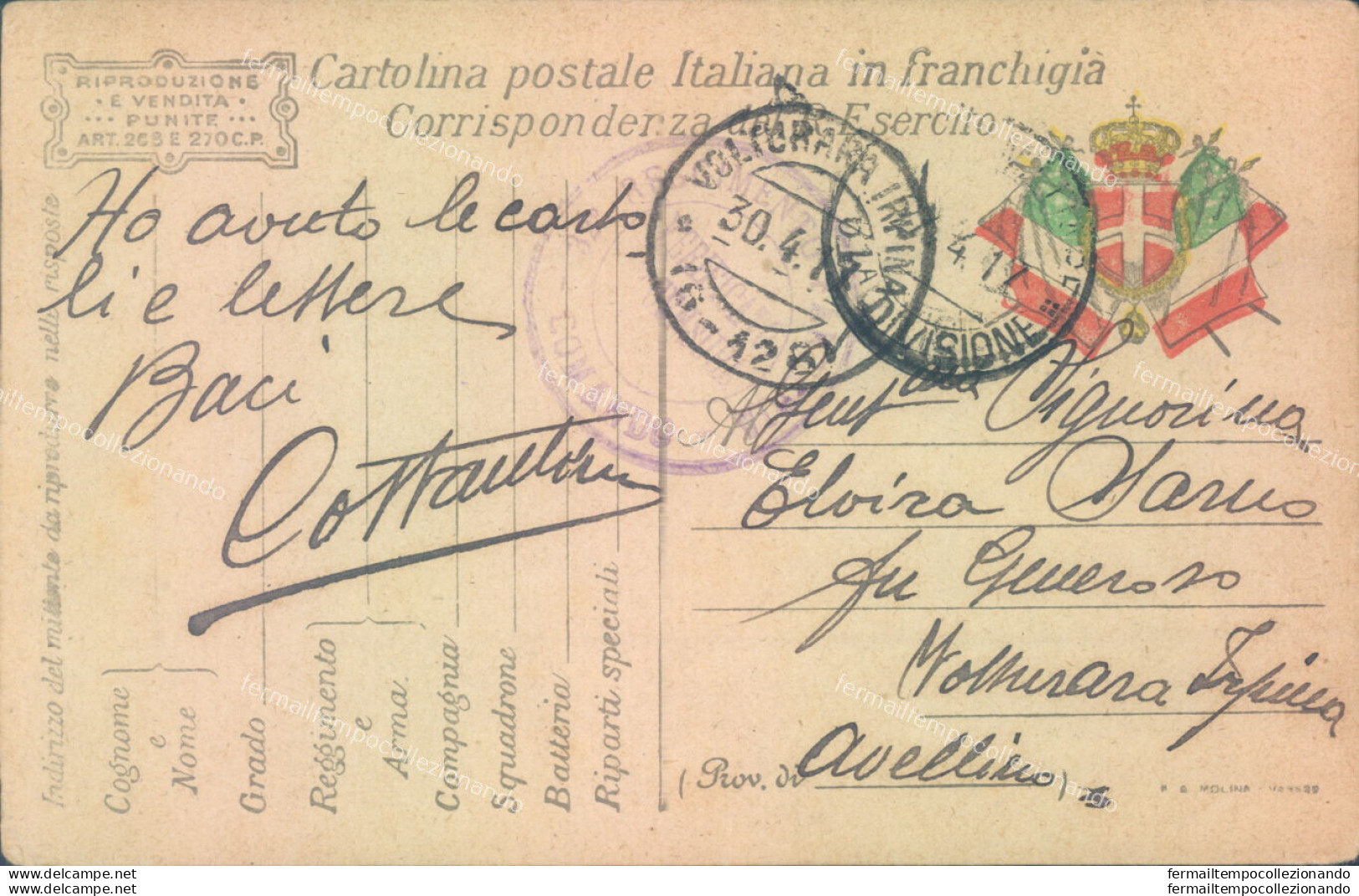 V403 Cartolina Postale In Franchigia Per Volturara Irpina Avellino 1917 - Franchise