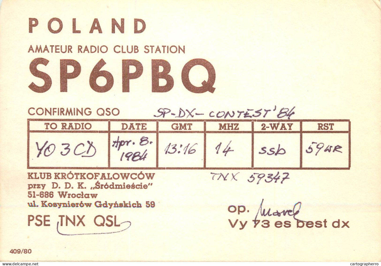 Polish Amateur Radio Station QSL Card Poland Y03CD SP6PBQ - Radio Amateur