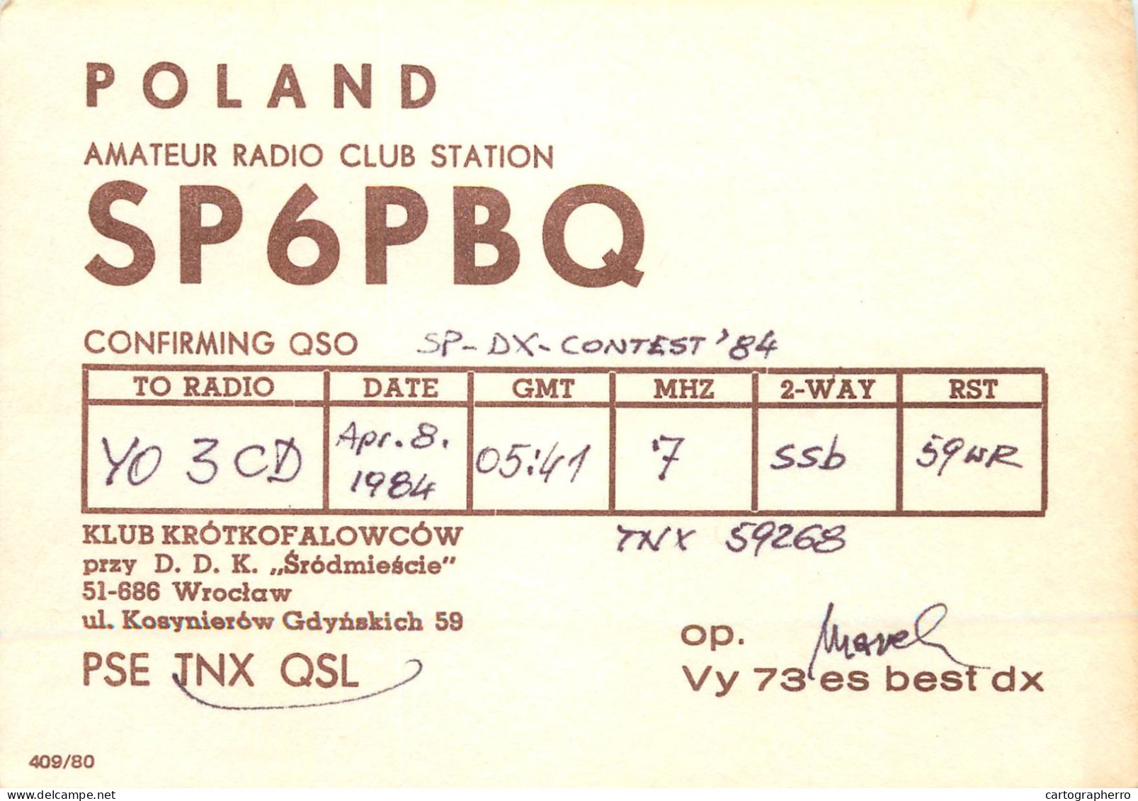 Polish Amateur Radio Station QSL Card Poland Y03CD SP6PBQ - Radio Amatoriale