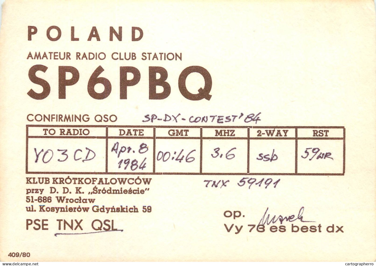 Polish Amateur Radio Station QSL Card Poland Y03CD SP6PBQ - Radio Amatoriale