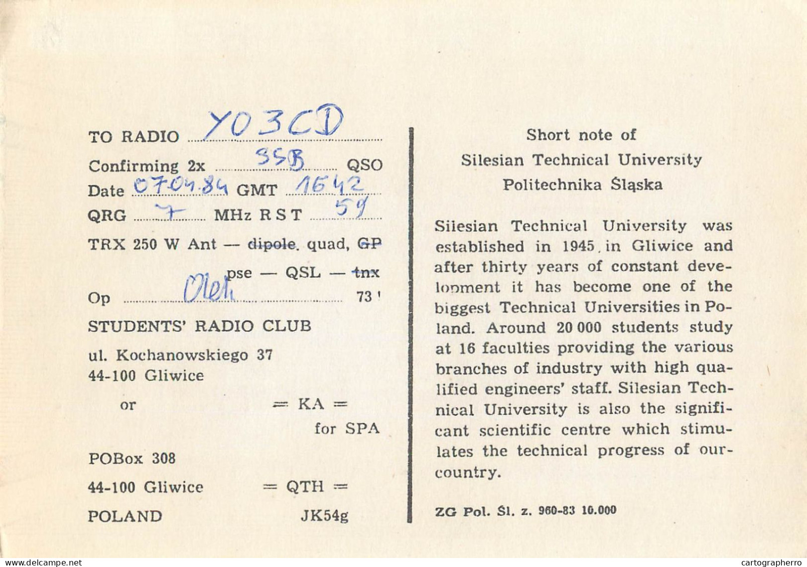 Polish Amateur Radio Station QSL Card Poland Y03CD SP9PDF - Radio Amatoriale