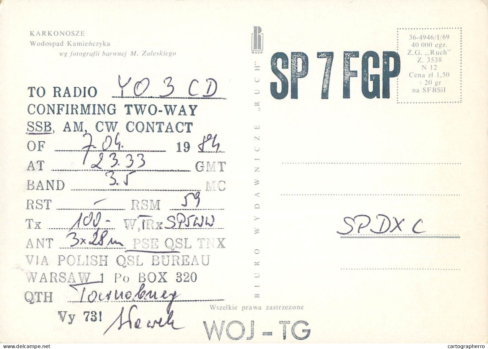 Polish Amateur Radio Station QSL Card Poland Y03CD SP7FGP - Radio Amatoriale