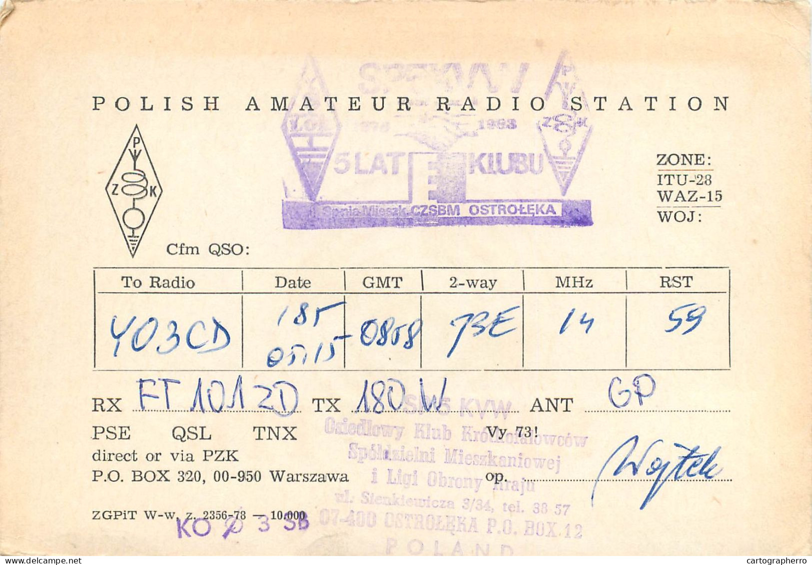 Polish Amateur Radio Station QSL Card Poland Y03CD SP0ITU - Radio Amatoriale