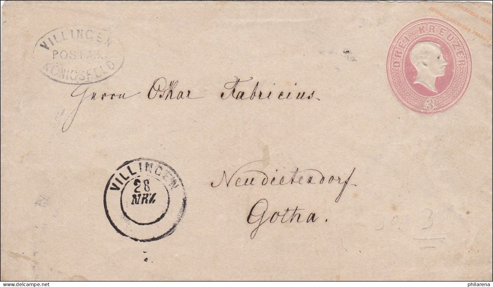 Baden: Ganzsachenumschlag Von Villingen Nach Gotha - Cartas & Documentos