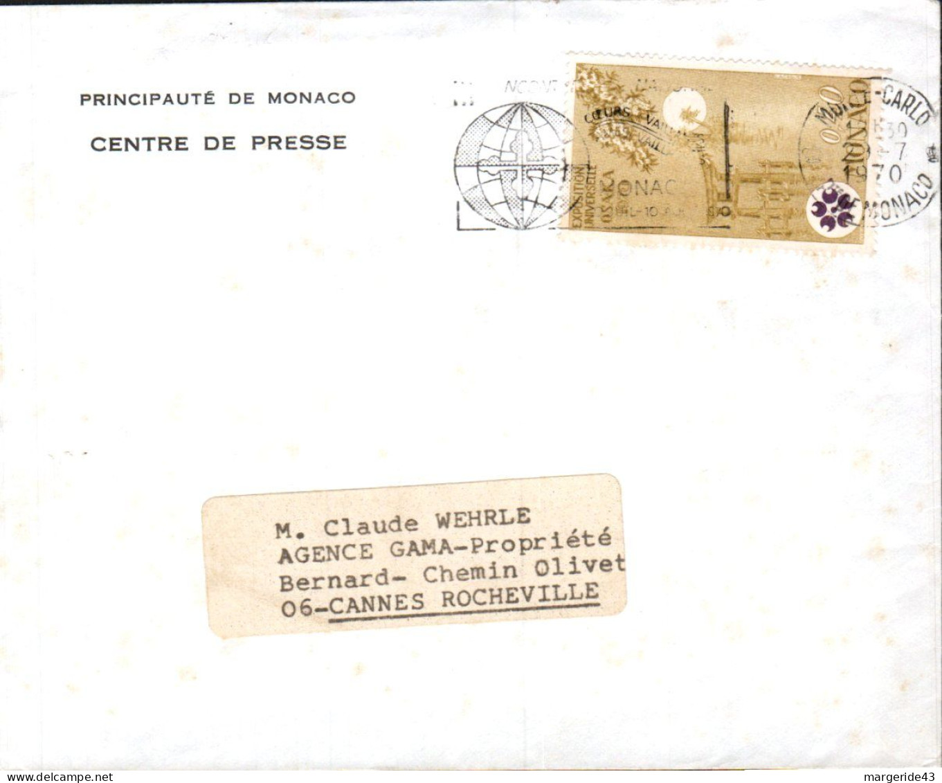 MONACO SEUL SUR LETTRE POUR LA FRANCE 1970 - Brieven En Documenten