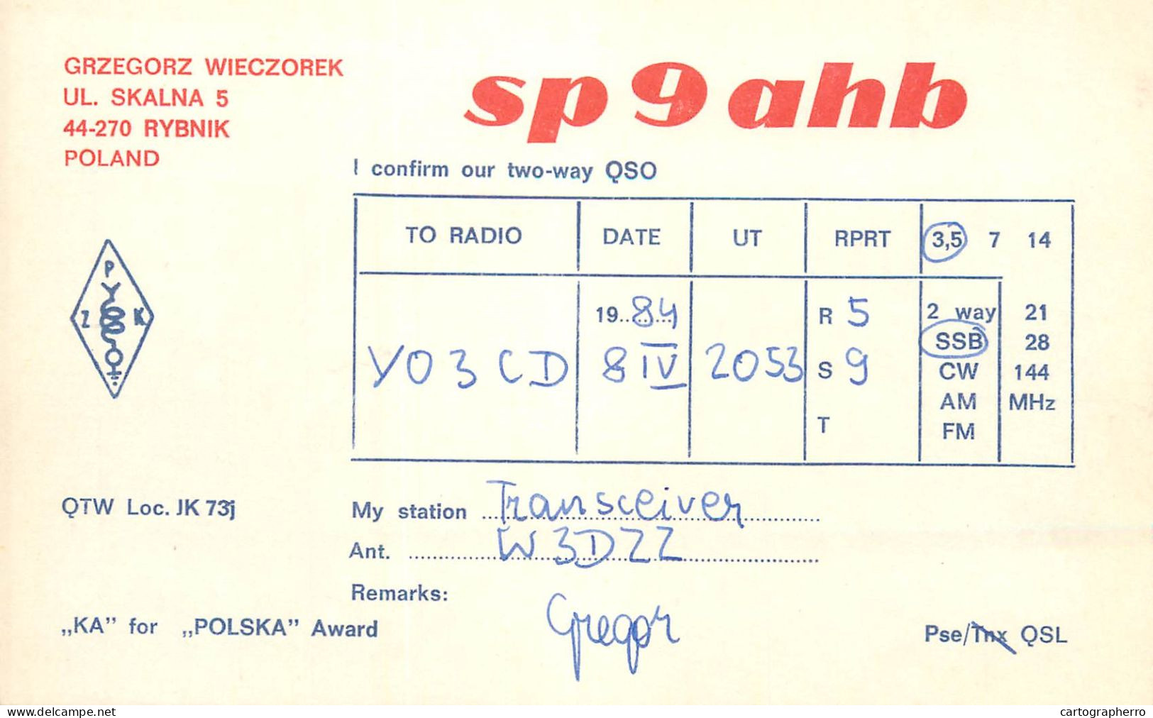 Polish Amateur Radio Station QSL Card Poland Y03CD SP9AHB - Radio Amateur