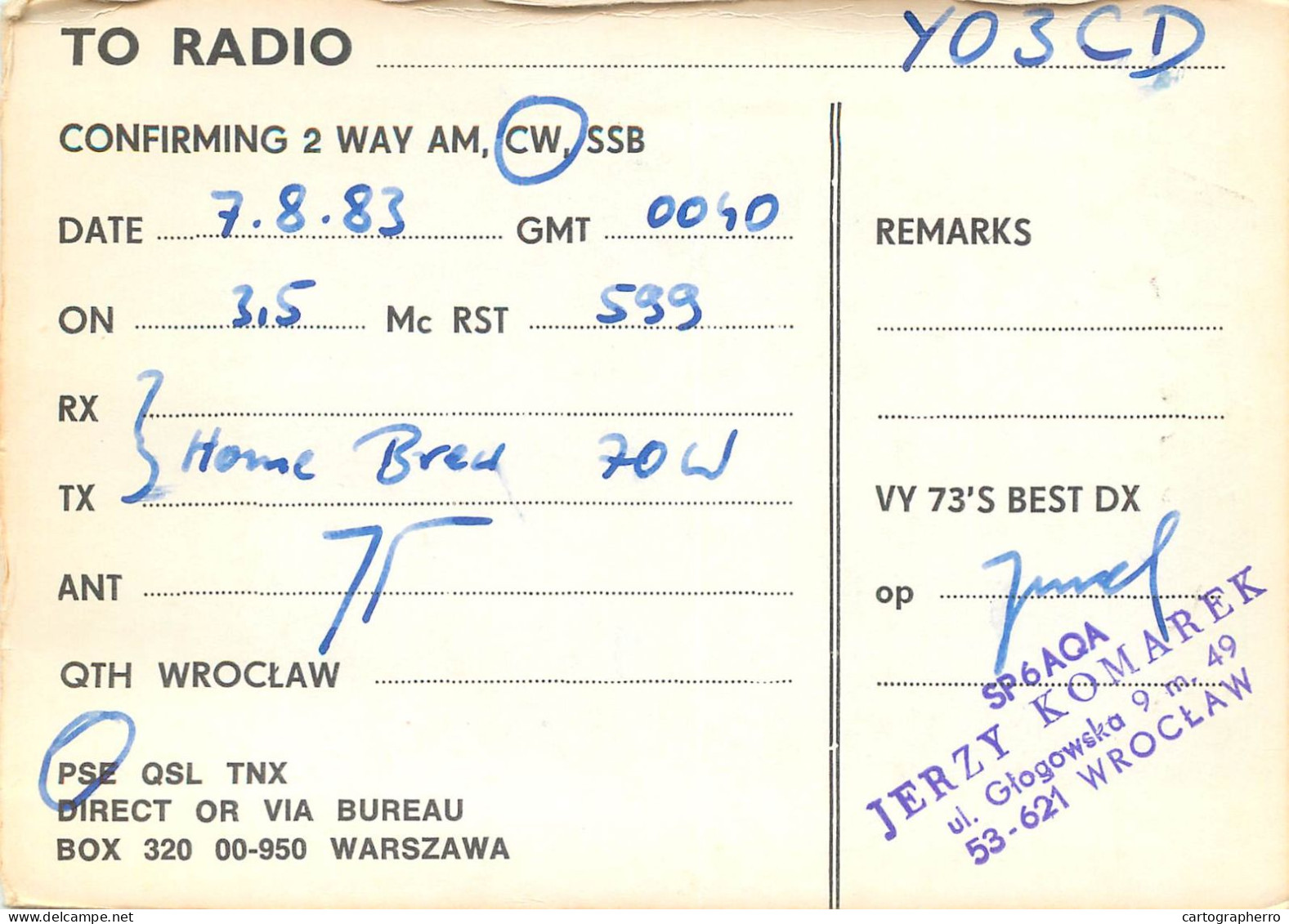 Polish Amateur Radio Station QSL Card Poland Y03CD SP6AQA - Amateurfunk