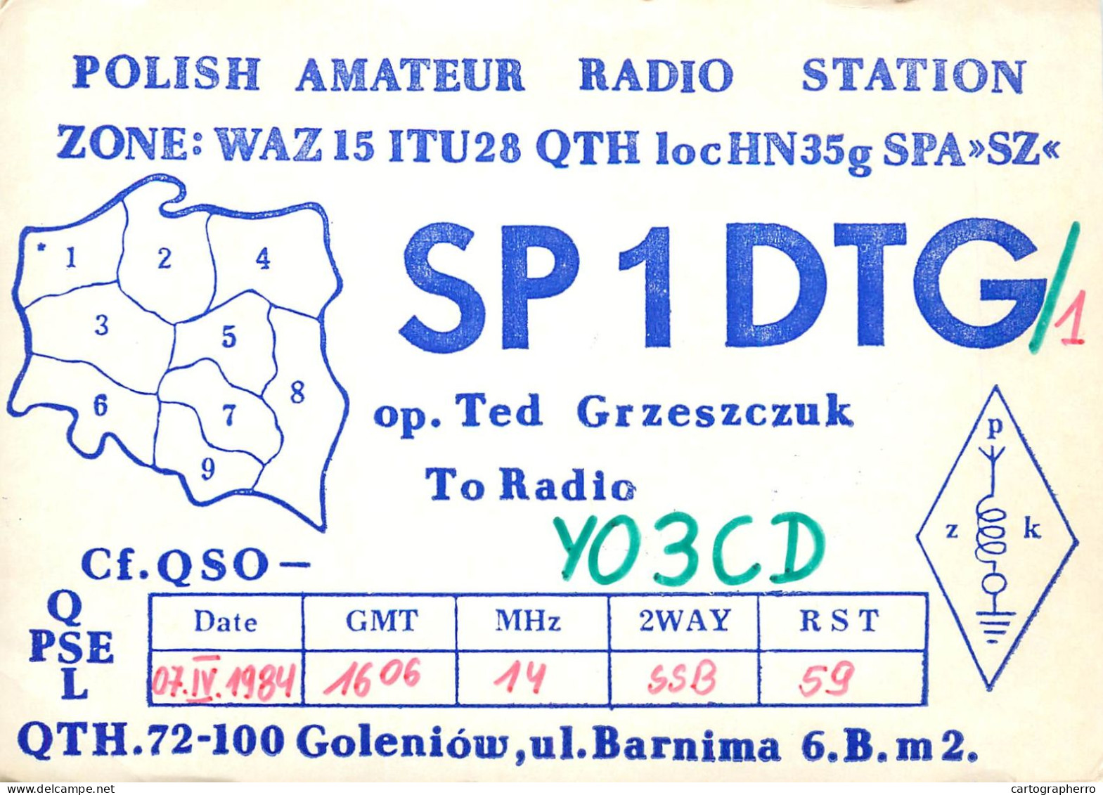 Polish Amateur Radio Station QSL Card Poland Y03CD SP1DTG - Radio Amateur