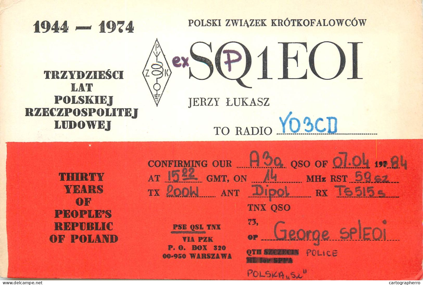 Polish Amateur Radio Station QSL Card Poland Y03CD SP1EOI - Radio Amateur