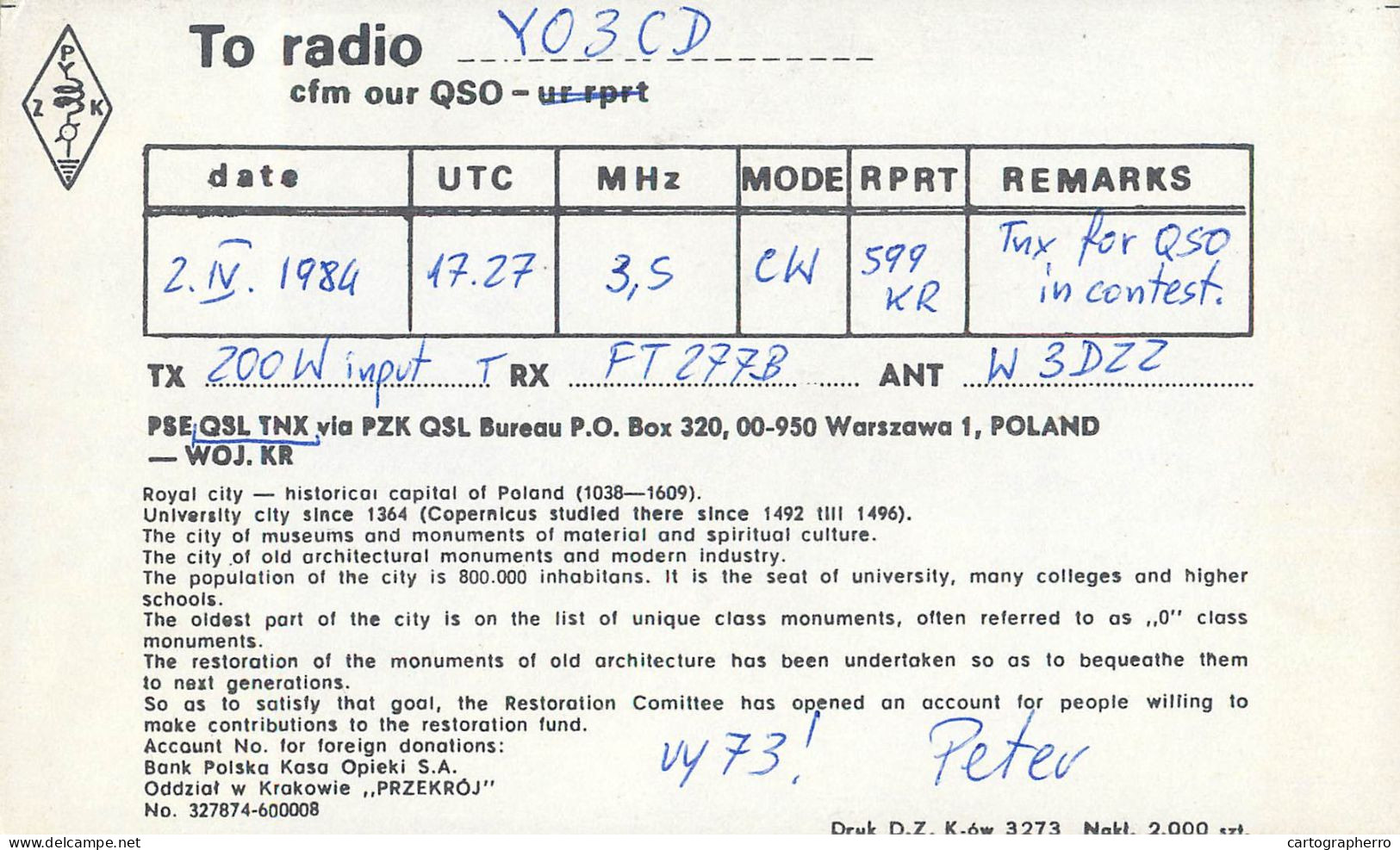 Polish Amateur Radio Station QSL Card Poland Y03CD SP9PDJ - Amateurfunk