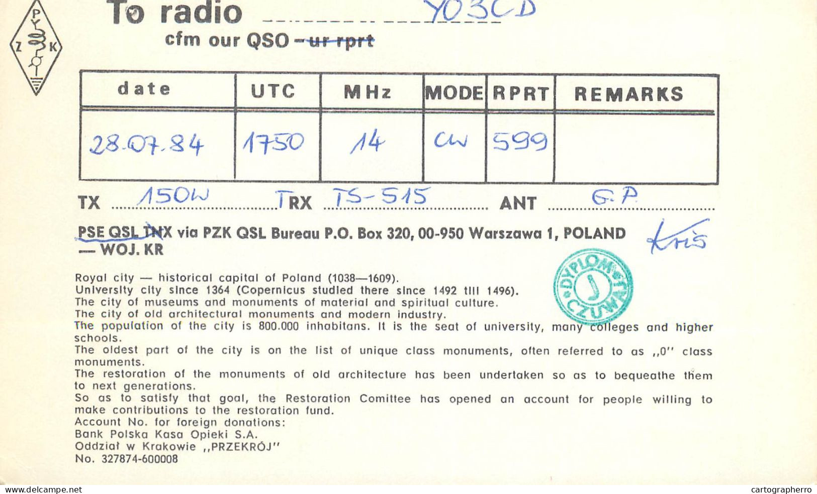 Polish Amateur Radio Station QSL Card Poland Y03CD SP9ZAS - Amateurfunk