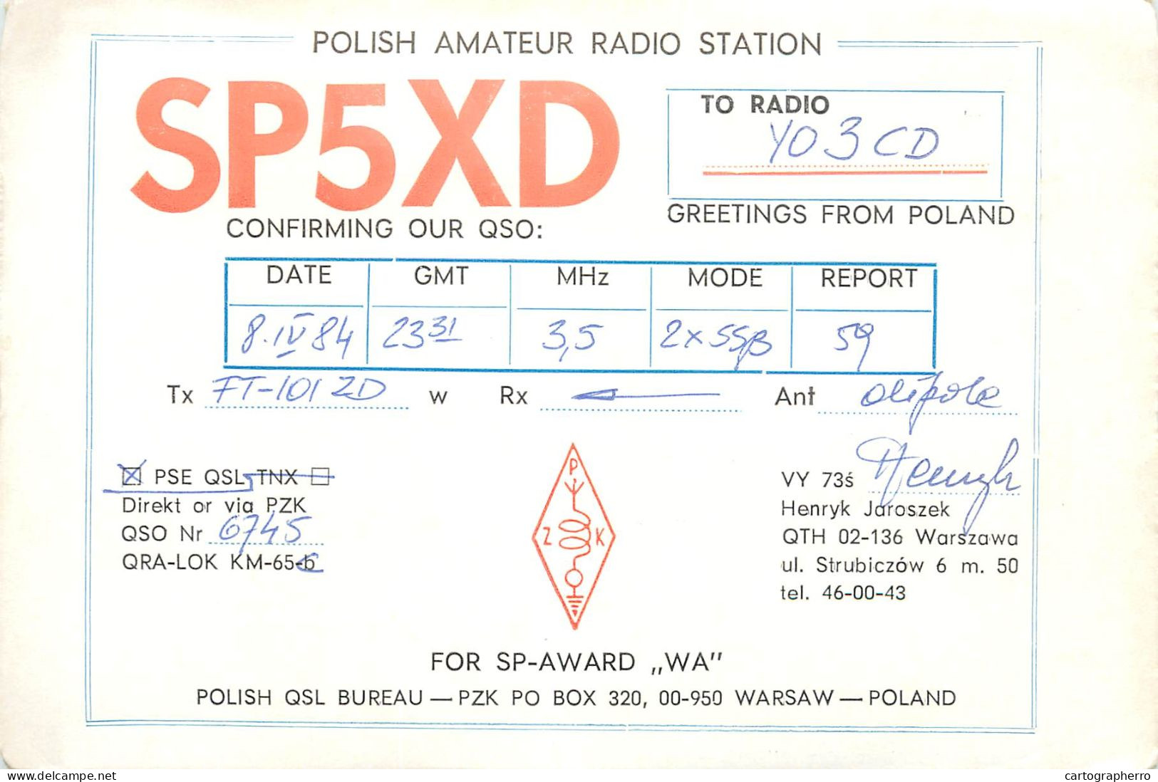 Polish Amateur Radio Station QSL Card Poland Y03CD SP5XD - Amateurfunk