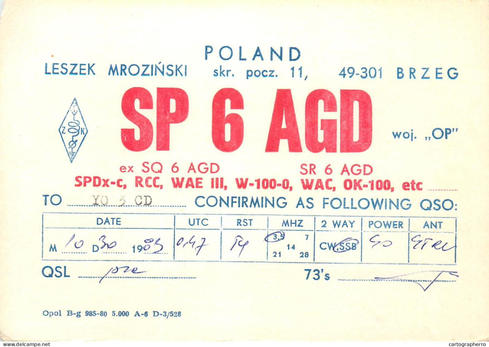 Polish Amateur Radio Station QSL Card Poland Y03CD SP6AGD - Amateurfunk