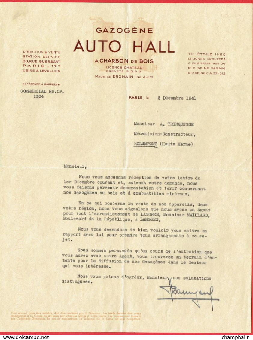 Lettre Commerciale De Paris (75) Pour Rolampont (52) - 2 Décembre 1941 - Gazogène à Charbon De Bois Auto Hall - Automobile