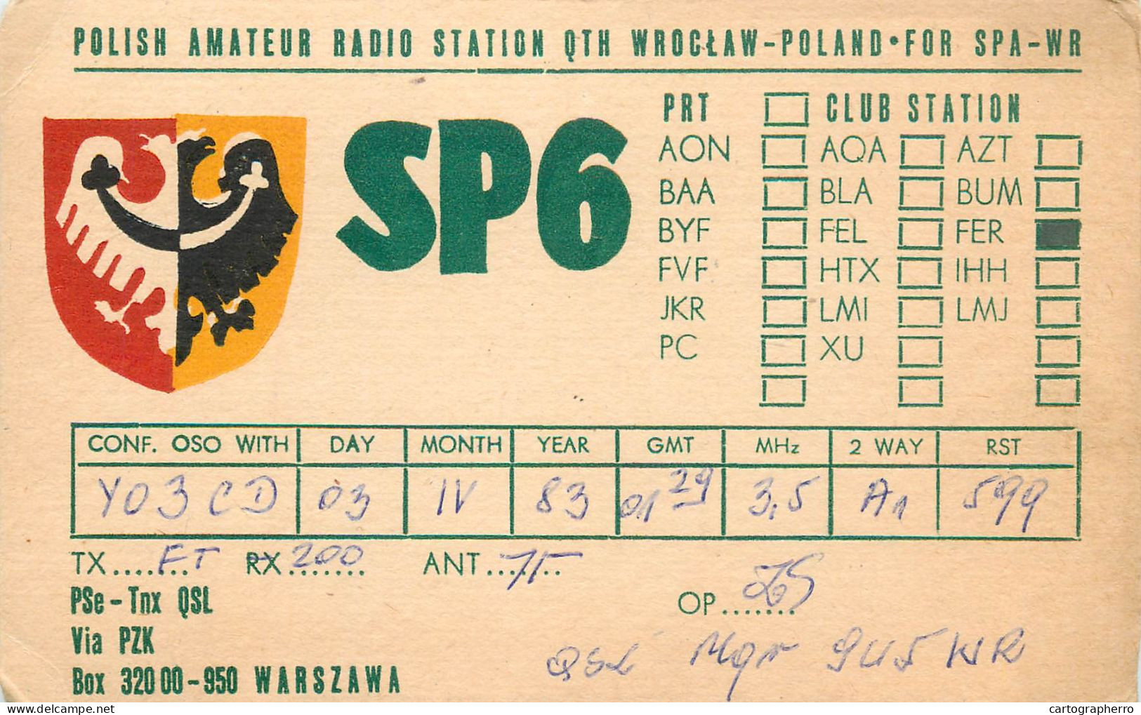Polish Amateur Radio Station QSL Card Poland Y03CD SP6FEER - Radio Amateur