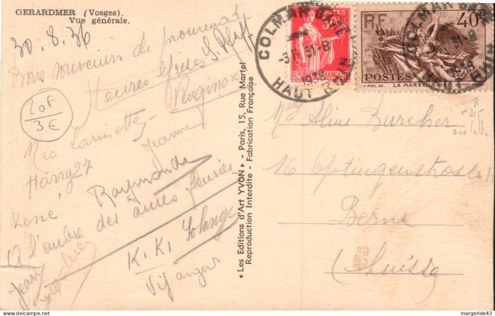 AFFRANCHISSEMENT COMPOSE SUR CARTE DE COLMAR GARE 1936 - Posttarife