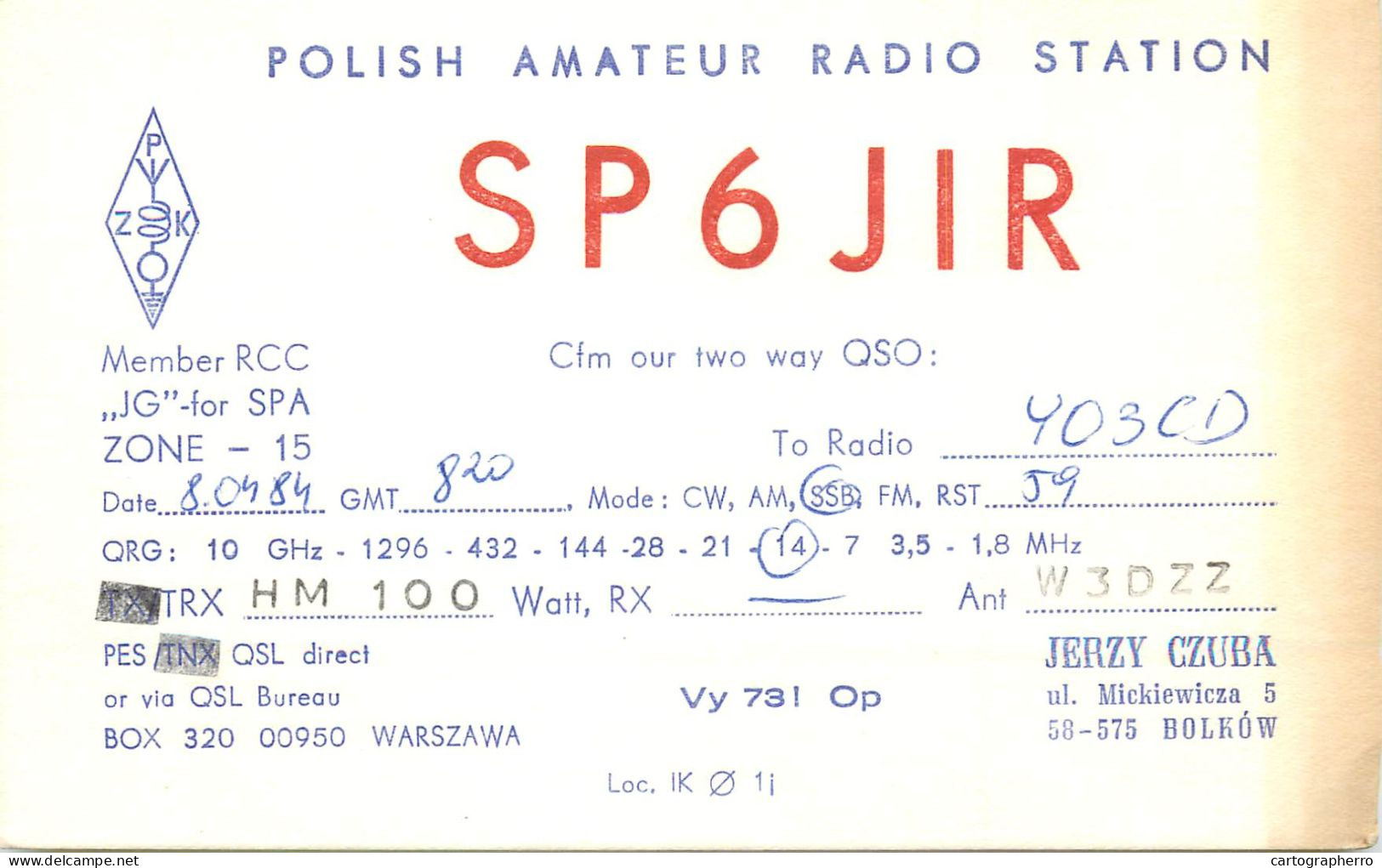 Polish Amateur Radio Station QSL Card Poland Y03CD SP6JIR - Radio Amateur