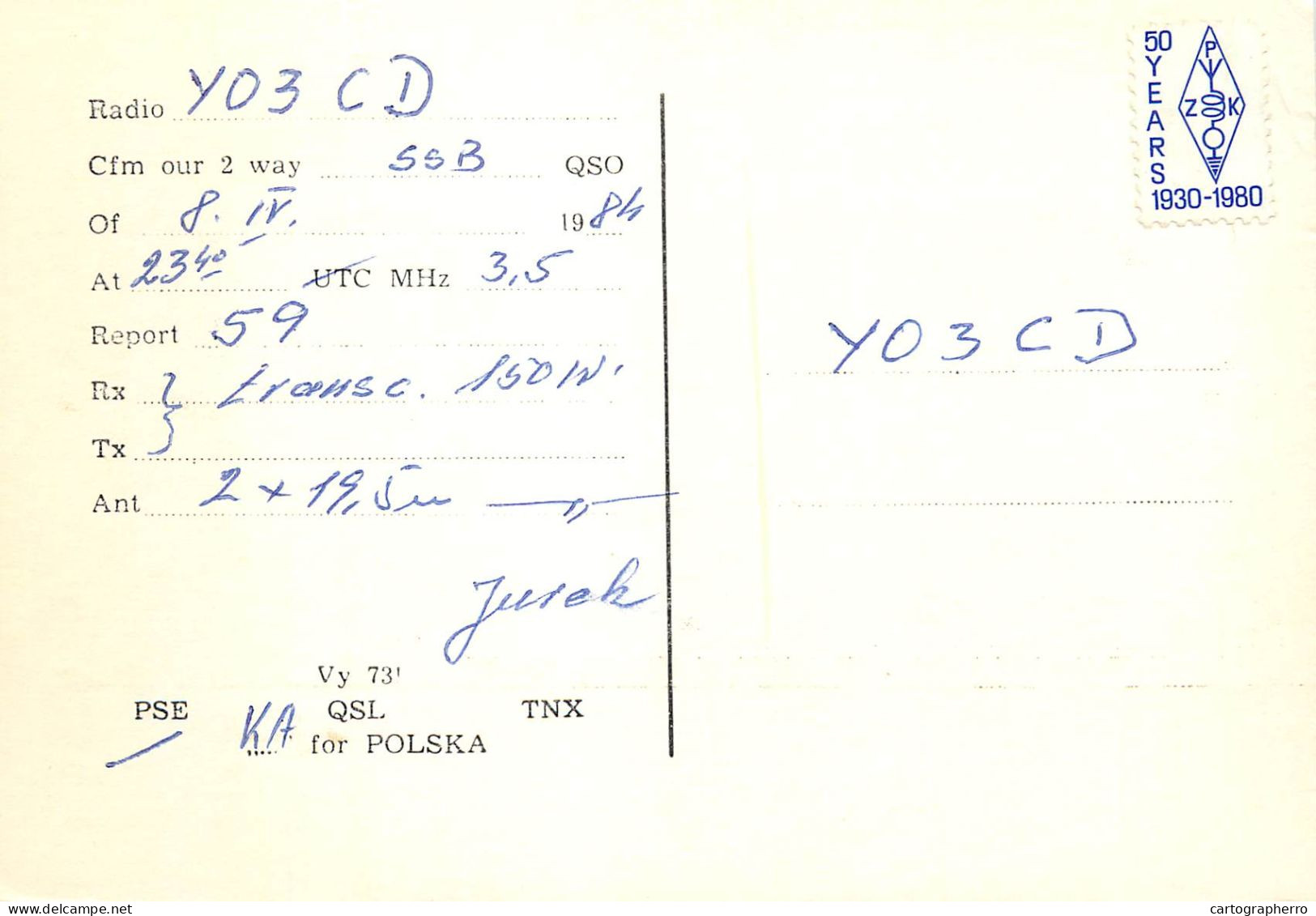 Polish Amateur Radio Station QSL Card Poland Y03CD - Amateurfunk