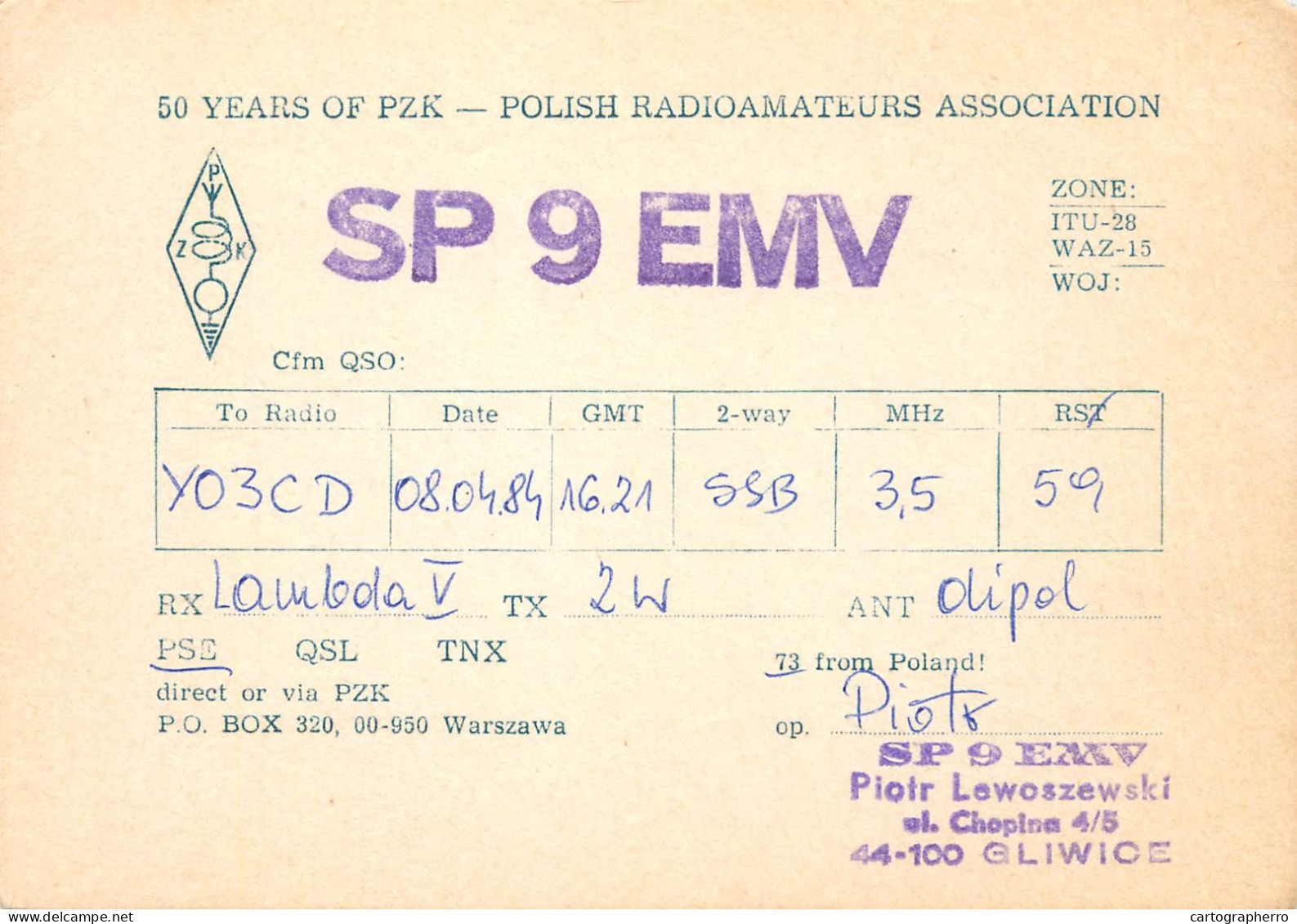 Polish Amateur Radio Station QSL Card Poland Y03CD SP9EMV - Radio Amateur