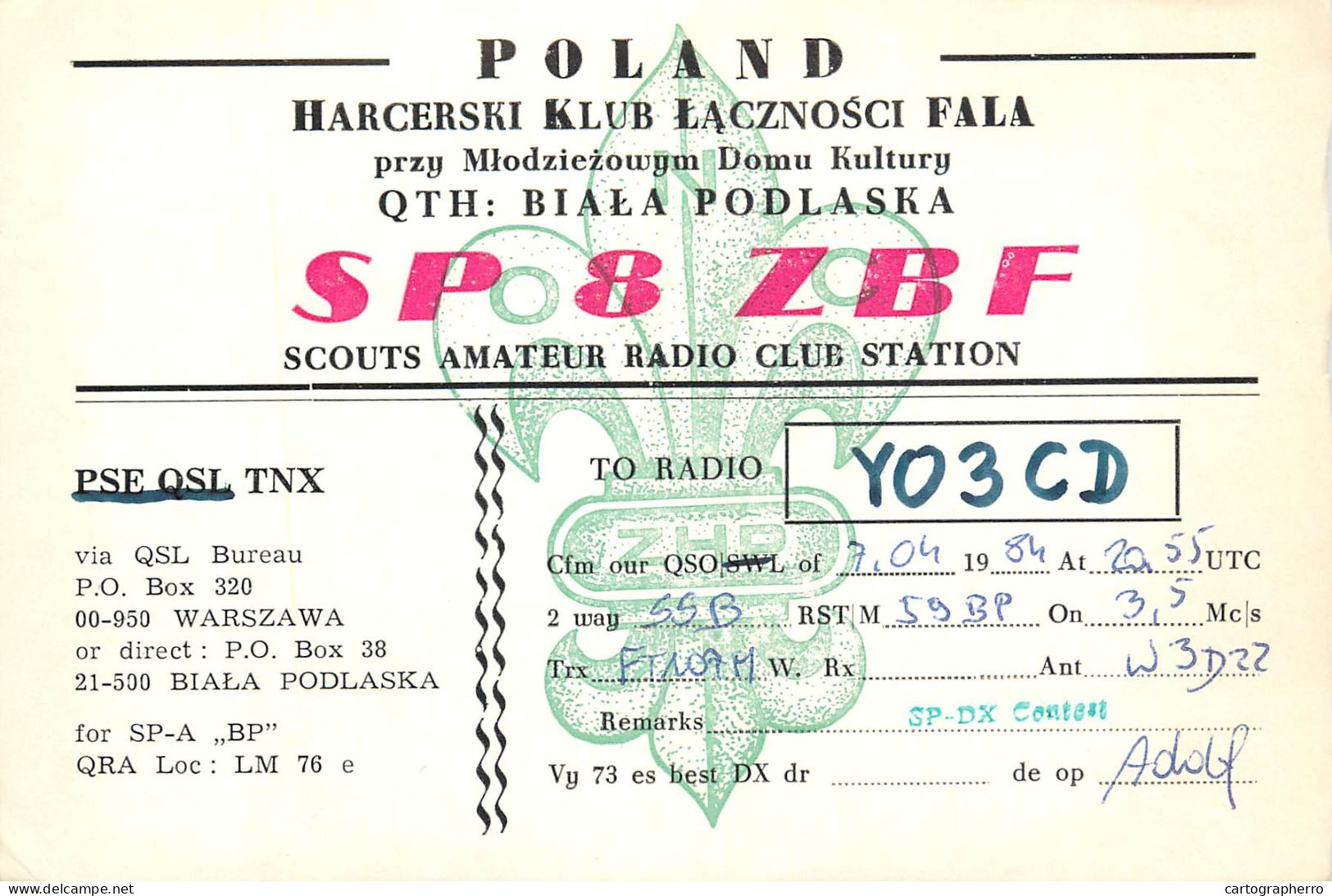 Polish Amateur Radio Station QSL Card Poland Y03CD SP8ZBF - Radio Amateur