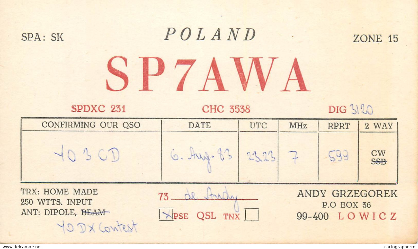 Polish Amateur Radio Station QSL Card Poland Y03CD SP7AWA - Radio Amateur