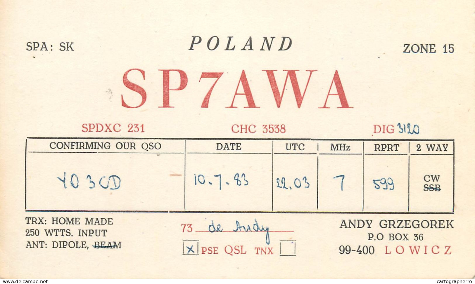 Polish Amateur Radio Station QSL Card Poland Y03CD SP7AWA - Amateurfunk