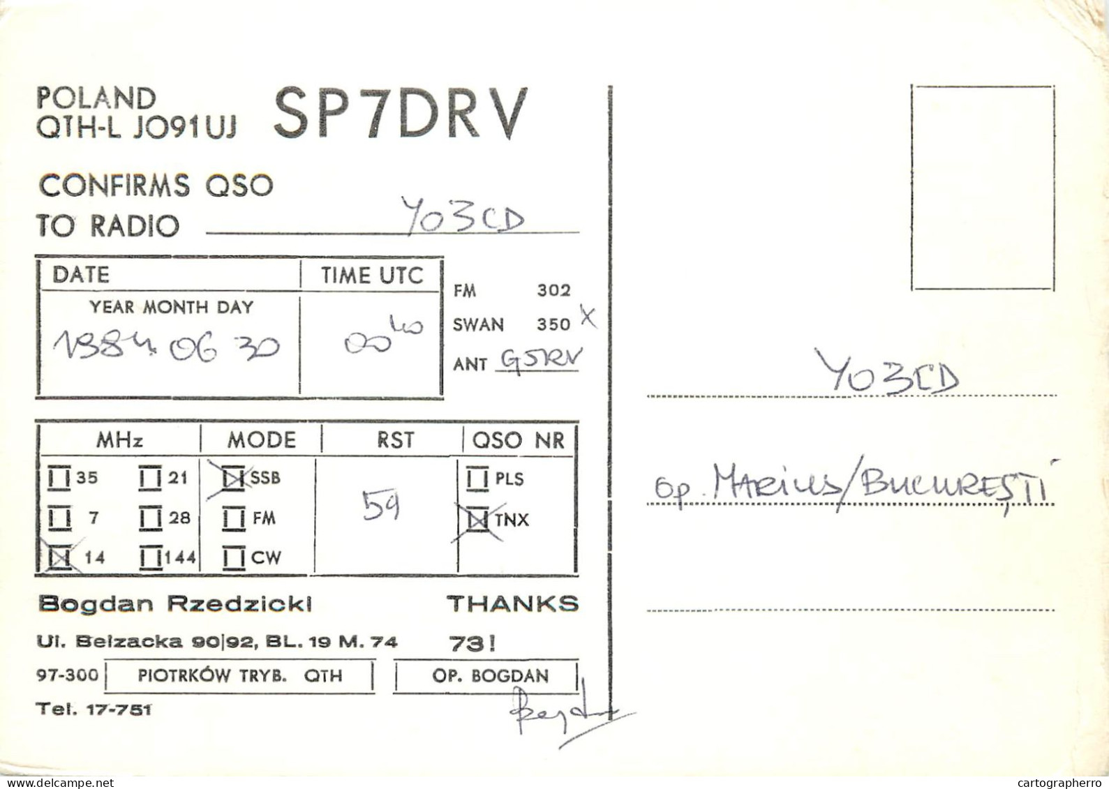 Polish Amateur Radio Station QSL Card Poland Y03CD SP9FSH - Radio Amateur