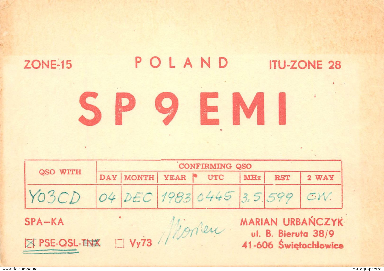 Polish Amateur Radio Station QSL Card Poland Y03CD SP9EMI - Radio Amateur