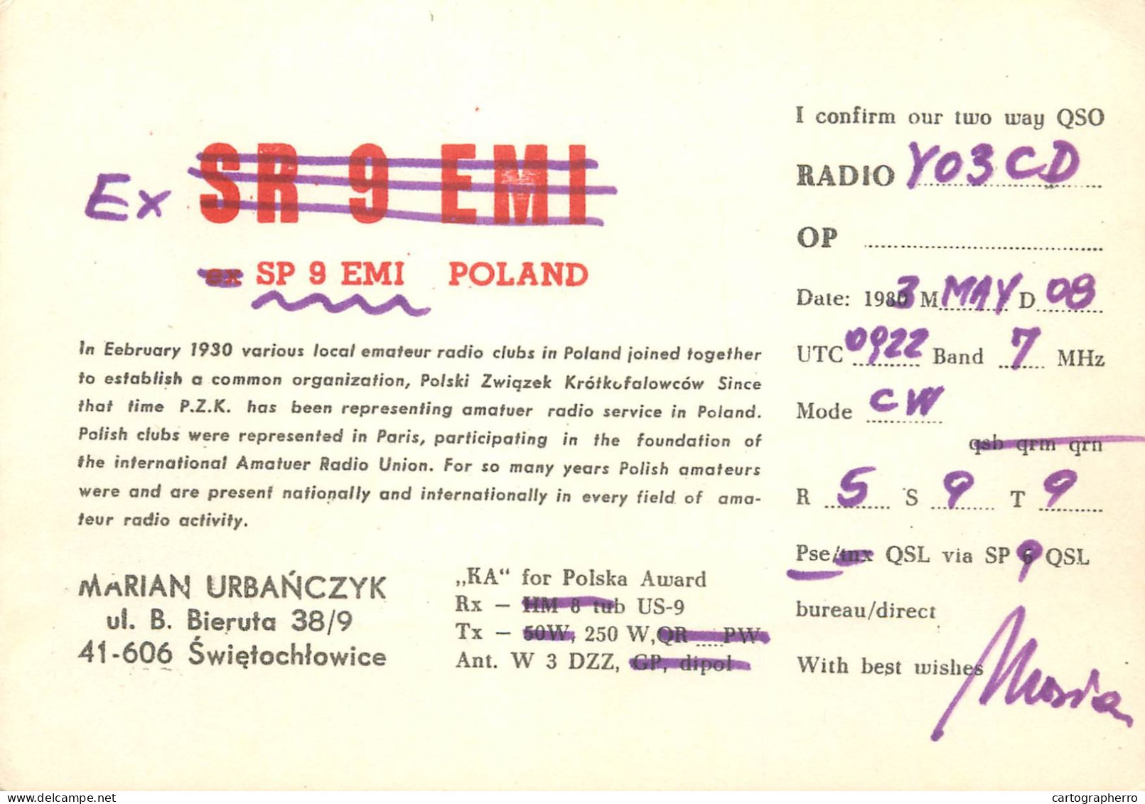 Polish Amateur Radio Station QSL Card Poland Y03CD SP9EMI - Radio Amateur