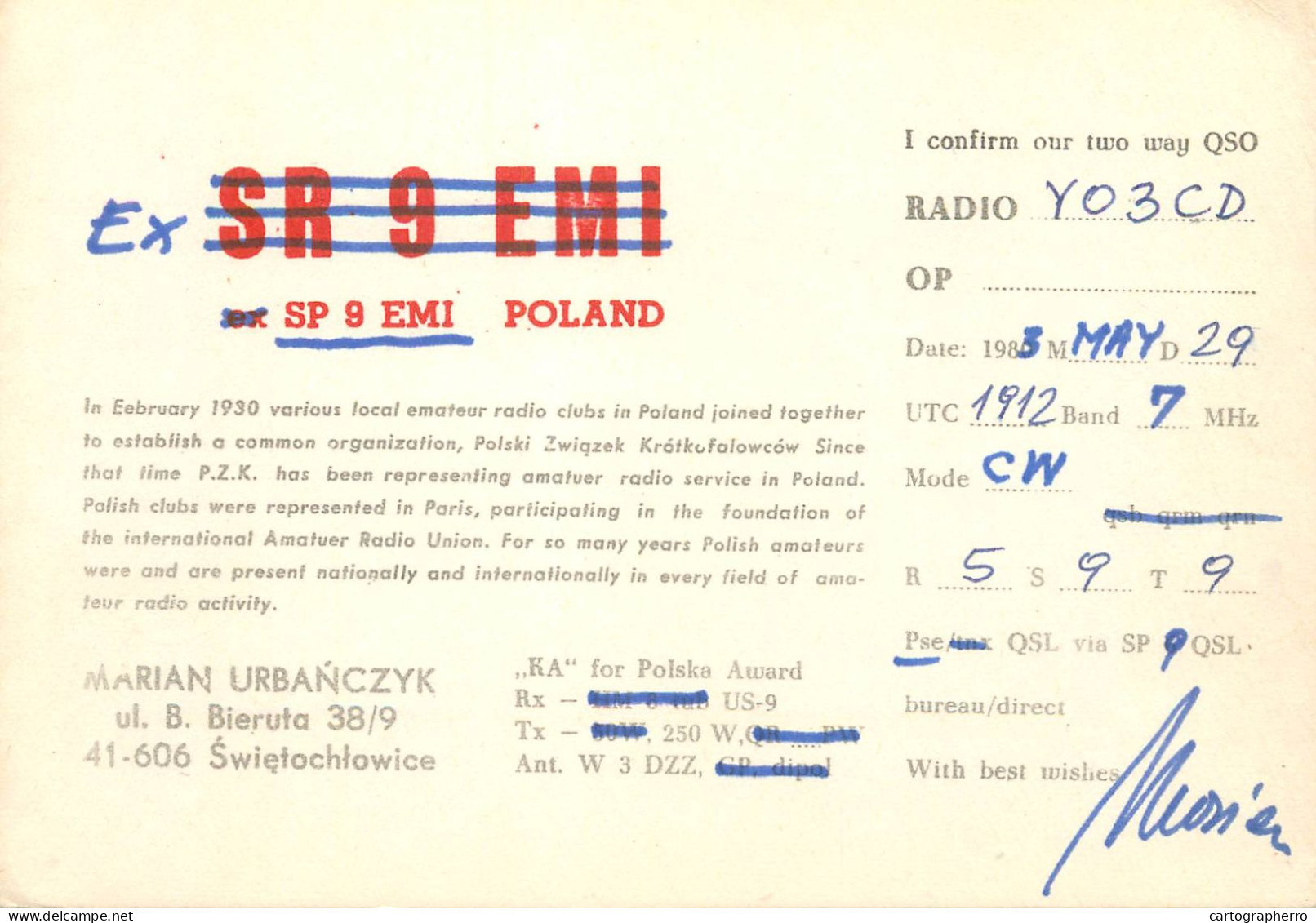 Polish Amateur Radio Station QSL Card Poland Y03CD SP9EMI - Radio Amateur