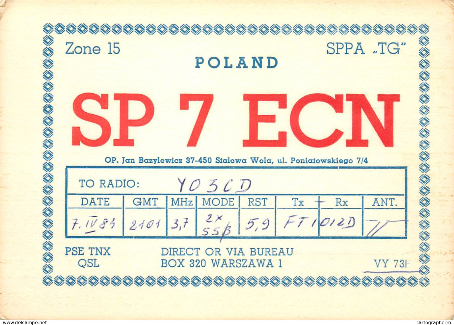 Polish Amateur Radio Station QSL Card Poland Y03CD SP7ECN - Amateurfunk
