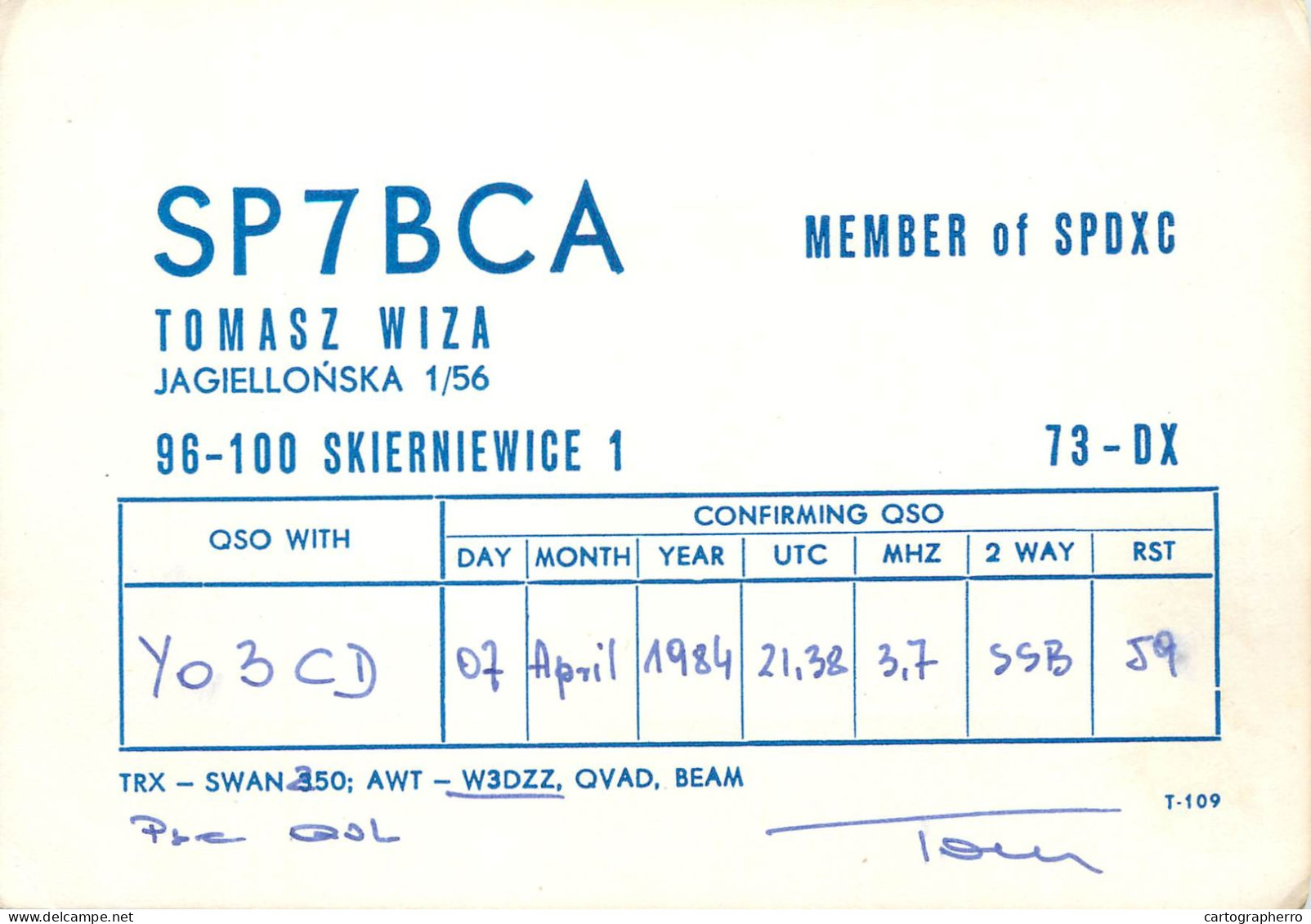 Polish Amateur Radio Station QSL Card Poland Y03CD SP7BCA - Radio Amateur