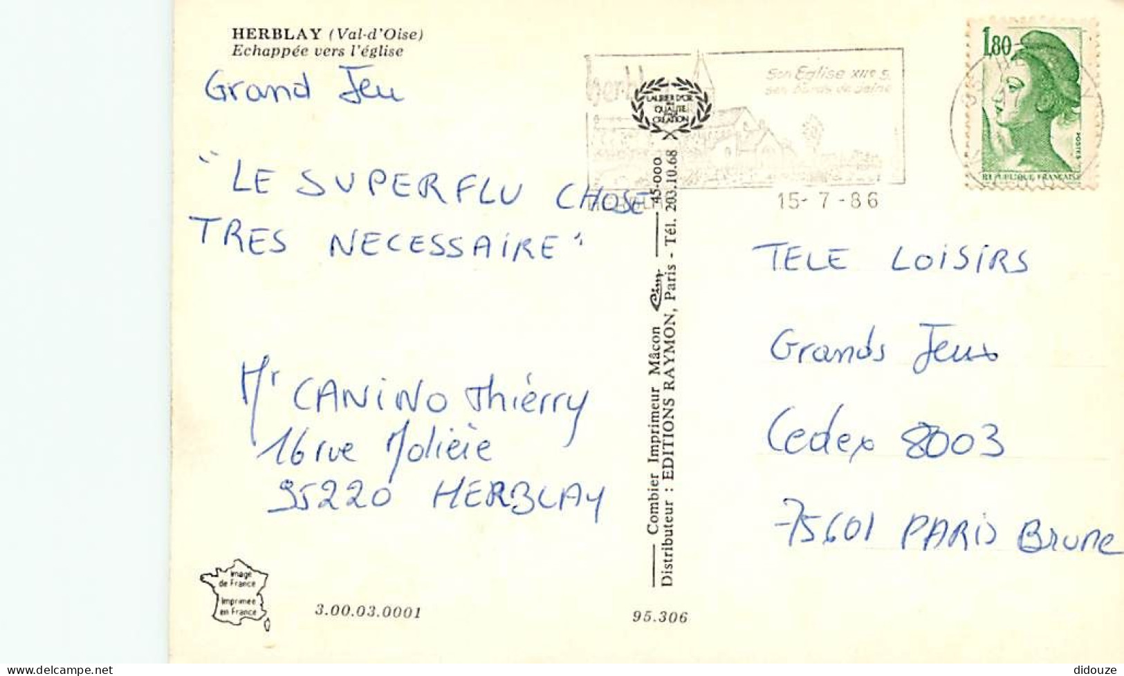 95 - Herblay - Echappée Vers L'église - Flamme Postale De Herblay - CPM - Voir Scans Recto-Verso - Herblay
