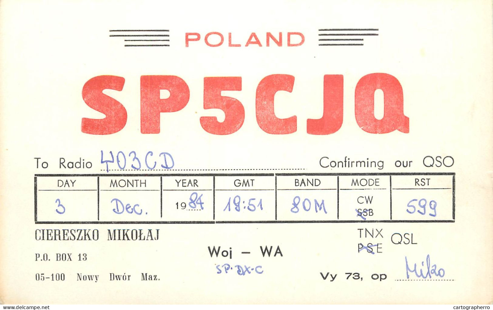 Polish Amateur Radio Station QSL Card Poland SP5CJQ - Radio Amatoriale