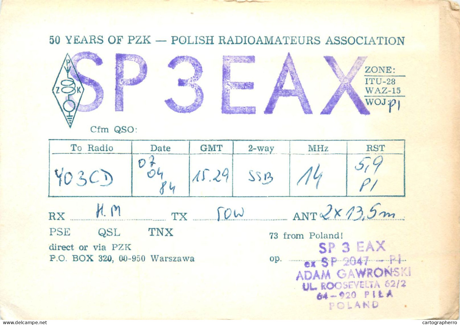 Polish Amateur Radio Station QSL Card Poland SP3EAX - Radio Amatoriale