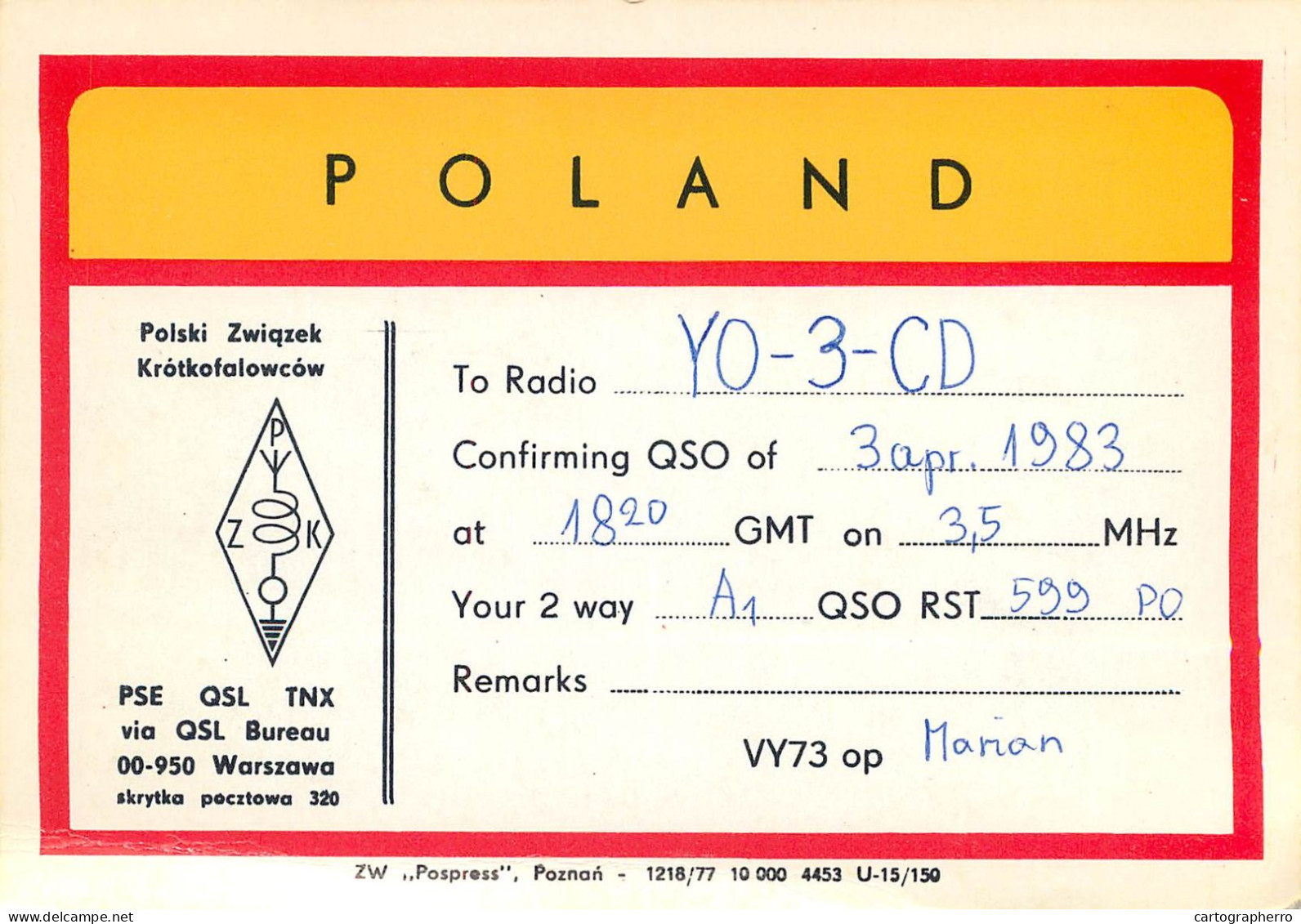 Polish Amateur Radio Station QSL Card Poland SP3AFO - Radio Amateur