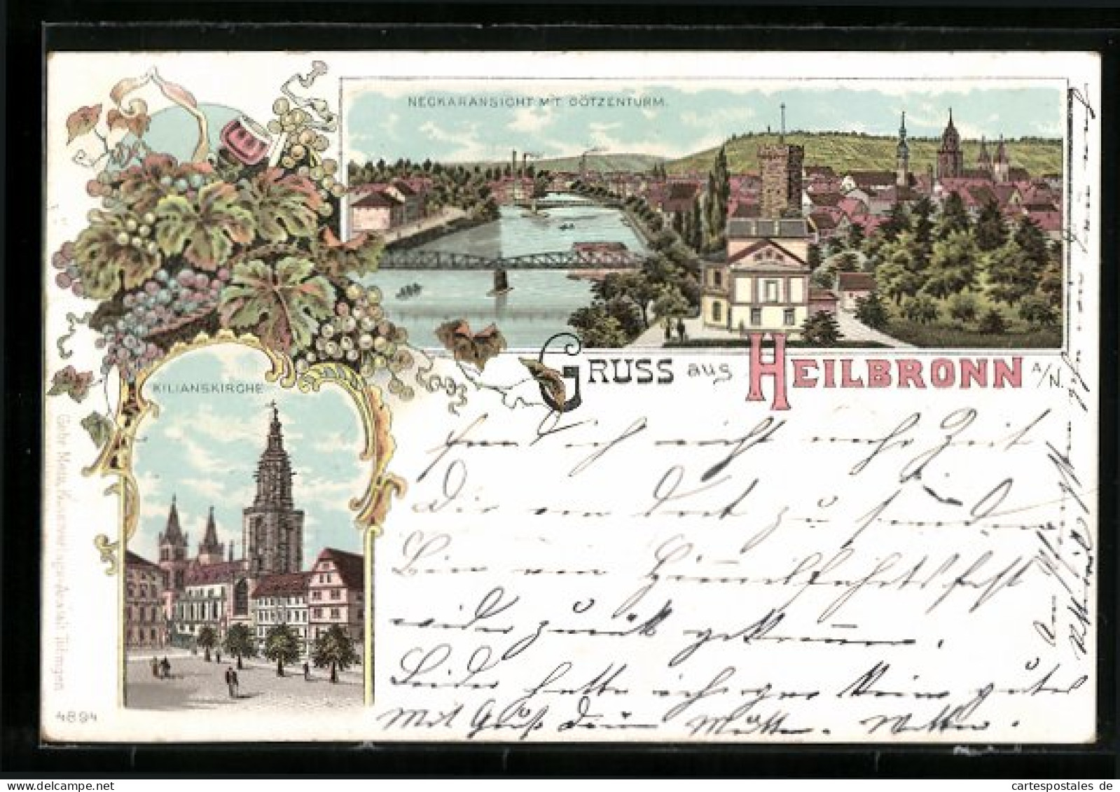Lithographie Heilbronn, Neckaransicht Mit Götzenturm, Kilianskirche  - Heilbronn